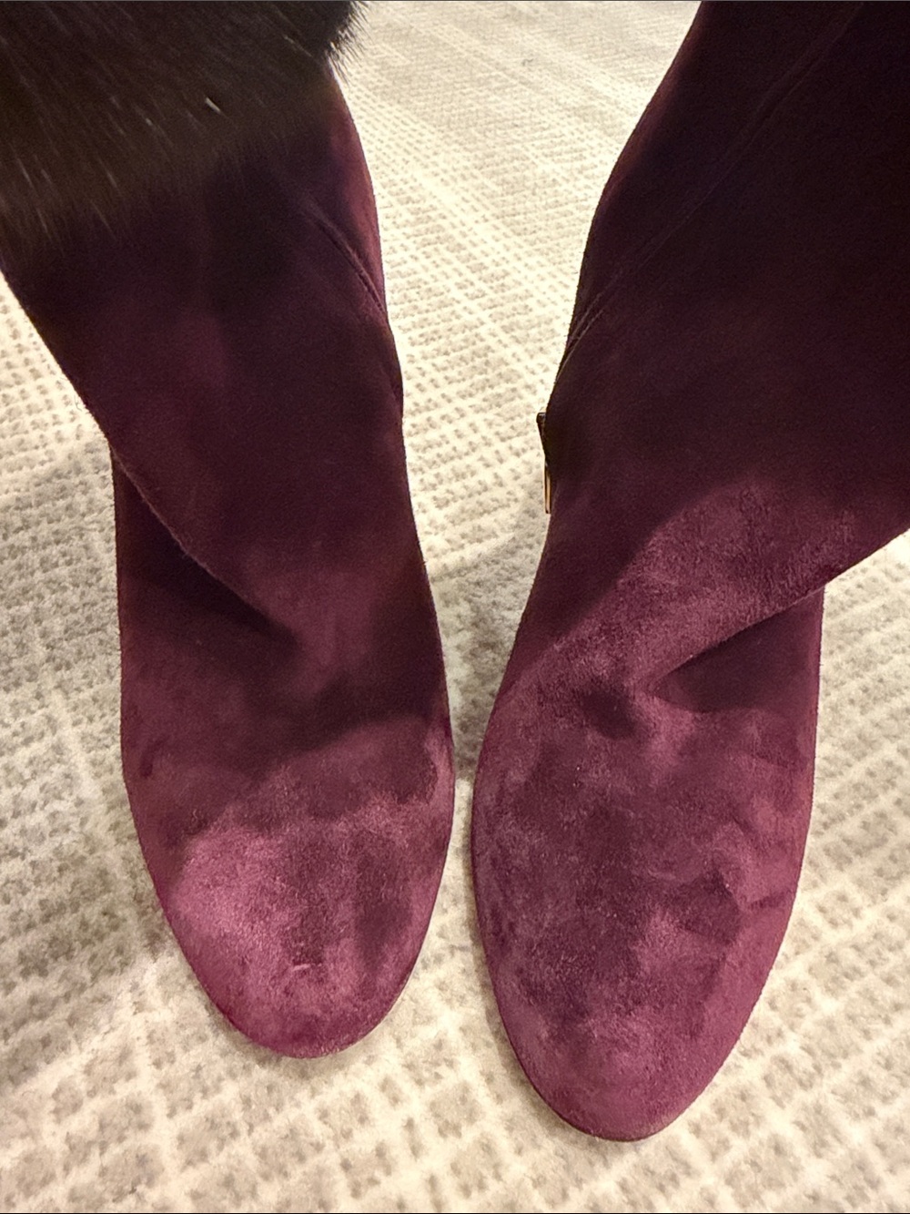 Salvatore Ferragamo Plum Suede Fur-Trim Block Heel Boots with Pink Accent - Picture 3 of 3